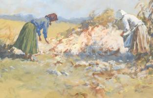 Neogrády Antal (1861-1942): Kukoricatörők. Akvarell, papír, jelzett. Üvegezett, dekoratív fa keretbe...