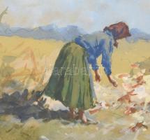 Neogrády Antal (1861-1942): Kukoricatörők. Akvarell, papír, jelzett. Üvegezett, dekoratív fa keretbe...