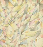 Balogh István (1890-1956): Színes formák, 1948. Ceruza, papír, jelzett. Üvegezett fa keretben, 13×9 ...