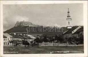 Szepesváralja, Spisské Podhradie; vár a háttérben, tér, templom, autóbusz / castle in the background, church, square, autobus, automobile. Lumen