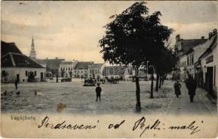 1905 Vágújhely, Waag-Neustadt, Nové Mesto nad Váhom; tér, Horovitz Adolf üzlete és saját kiadása / square, shop (Rb)