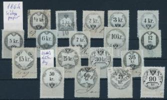 1864 28 db okmánybélyeg, a 25kr álkettősnyomattal / 28 fiscal stamps, 25kr with double print
