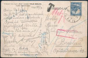 1931 A Nemzeti Torna Egylet tagjai által küldött képeslap, Budapestről Breslau (Wrocław/Boroszló) a képeslap egyik alsó sarkán törésnyommal, kopásnyomokkal, 9,5x14,5 cm