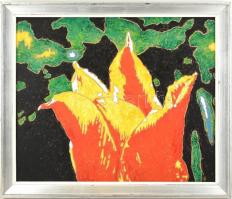 Orvos András (1939-): Tulipán. Olaj, farost, jelzett. Hátoldalán autográf felirattal. Fa keretben, 5...