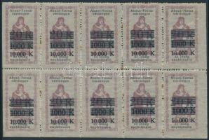 1923 Abaúj-Torna vármegye 10.000K ínségbélyeg 10-es tömb (rozsda) / charity stamp block of 10 (stain)