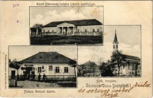 1904 Dunaújváros, Dunapentele, Duna-Pentele, Sztálinváros; Szentháromság szobor, Lukács László kastélya, katolikus templom, Farkas Sámuel üzlete és saját kiadása