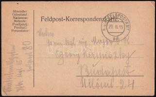 1915 Kratochvil Károly (1869-1946) katonatiszt, altábornagy, később a Székely Hadosztály parancsnoka által megírt, német nyelvű tábori posta levelezőlap, K. u. K. FELDPOSTAMT 80 bélyegzéssel