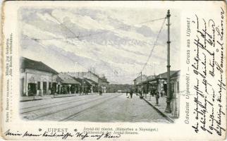 1902 Budapest IV. Újpest, Árpád út háttérben a Népszigettel, villamossínek. Schön Bernát tulajdona (kopott él / worn edge)