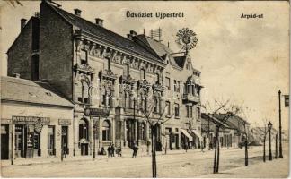 1912 Budapest IV. Újpest, Árpád út, Nasser féle arany áruház, Mátyásy Gusztáv aranyműves és ékszerész üzlete, Andrássy István bormérése a Bleriothoz, Fonciere pesti biztosító, takarékpénztár, Weber férfi szabó üzlete (EK)