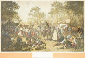Goebel Károly (1824-1899) festménye után kőbe rajzolta Engerth Vilmos (1818-1884) Pesten: Huszár-tábor. A Magyarországi Műegylet tagjainak 1867-68 évekre. Színes litográfia, papír, jelzett a litográfián. Nyomtatta J. Stonfs Bécsben. Üvegezett fa keretben, 44,5×73 cm. Ritka kőnyomat, a színes változat mellett ismert egy nem színes is! Lap jobb és bal szélén apró felületi sérüléssel.