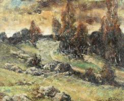 Paál Albert (1895-1968): Erdélyi táj. Olaj, fa, jelezve jobbra lent. Dekoratív, éleinél kissé sérült fa keretben, 45×54 cm. / Albert Paál (1895-1968): Transylvanian landscape. Oil on wood, signed lower right. 45×54 cm.