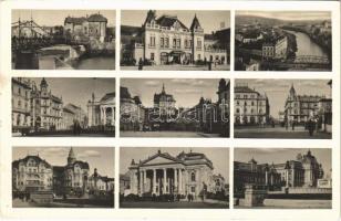 1942 Nagyvárad, Oradea; mozaiklap: vasútállomás, színház, Körös híd, zsinagóga / multi-view postcard with railway station, theatre, Cris river bridge, synagogue