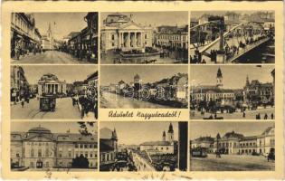 1942 Nagyvárad, Oradea; mozaiklap: vasútállomás, villamos, színház, zsinagóga / multi-view postcard with railway station, tram, theatre, synagogue