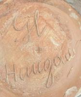 Gorka Lívia (1925 - 2011): Halas váza. Fekete, sárga mázakkal festett kerámia, restaurált. Jelzett: ...