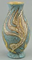 Gorka Lívia (1925 - 2011): Madaras váza. Türkiz, sárga, fehér mázakkal festett kerámia, hibátlan. Jelzett: GL m: 15 cm