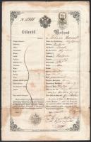 1856 Osztrák-Magyar Monarchia, kétnyelvű útlevél újvidéki magyar személy részére, hátoldalán későbbi feljegyzéssel, 6 Kr okmánybélyeggel, pecsétekkel, foltos