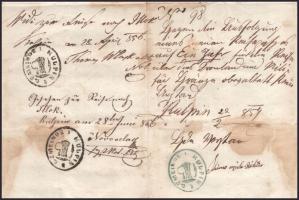 1856 Osztrák-Magyar Monarchia, kétnyelvű útlevél újvidéki magyar személy részére, hátoldalán későbbi...