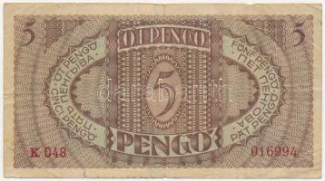1938. 5P "K048 016994" T:III- hajtásoknál helyenként elvékonyodott papír RR! / Hungary 193...