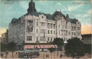 1917 Debrecen, Első Takarékpénztár, villamos, Kontsek Kornél üzlete (EK)