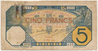 Francia Nyugat-Afrika 1929. 5Fr T:III-,IV ragasztott French West Africa 1929. 5 Francs C:VG,G taped Krause P#5Bf