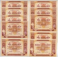 Budapest 1941. A 77. Jótékonycélú Magyar Királyi Állami Sorsjáték 1db egész-sorsjegye és 14db fél-sorsjegye kettes ívekben, hátlapon bélyegzéssel T:I,I- Budapest 1941. The 77th Charitable Hungarian Royal State Lottery 1pc of whole ticket and 14pcs of halt tickets in double sheets, on the back with stamp C:UNC,AU