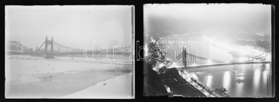 cca 1932 Budapest, az Erzsébet híd éjjel és nappal, 2 db vintage NEGATÍV üveglemez Kinszki Imre (1901-1945) budapesti fotóművész hagyatékából, 6x9 cm