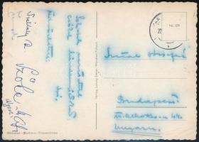 cca 1950 Szőke Kató olimpiai bajnok, Nyéki Imre, Tumpek György úszók által aláírt képeslap Münchenből