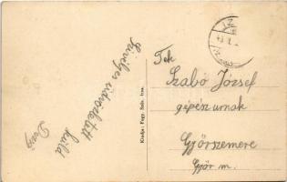 1943 Izsa, Iza (Komárom, Komárnó); libanyáj reggeli indulás előtt, templom / flock of geese, church