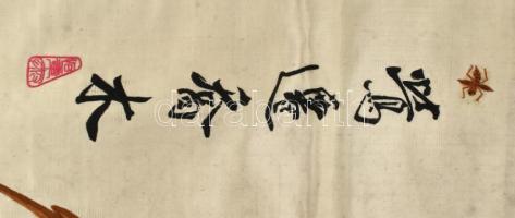 XX: sz. eleje. Kínai, hímzett selyem falikép, kézzel festett, jelzett. / Chinese embroidered silk pi...