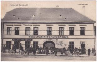 1912 Szenice, Szenicz, Senitz, Senica; Szálloda a Fekete sashoz, takarékpénztár, vendéglő, Dreher sör, lovashintók / hotel, savings bank, beer, horse chariots