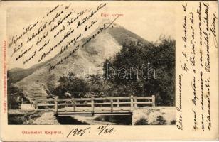 1905 Kapi, Kapusany; vár, lovaskocsi a fahídon. Divald / Kapusiansky hrad / castle ruins, horse cart on the wooden bridge (EK)