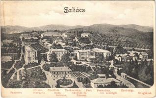 Szliács, Sliac; Pannonia, Otthon, Hungaria, Fürdőház, Buda, Bellevue, Bristol, Újpest, Huszka vendéglő, Amália, Strauss, Dankovsky kávéház és étterem, Pest és Pestszárny szálloda, Izraelita vendéglő, Üdvözlégy, Üvegház kertész lak / hotels, Jewish restaurant, greenhouse, café, villa (gyűrődés / crease)