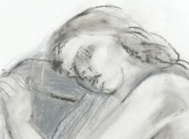 Jovián György (1951-): Női portré. Kréta, ceruza, papír. Jelzett. Üvegezett fa keretben, 30x24 cm