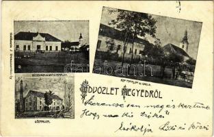 1905 Negyed, Neded; Gőzmalom, Református templom és iskola, Katolikus templom, községháza. Goldstein J. kiadása / mill, churches, school, town hall