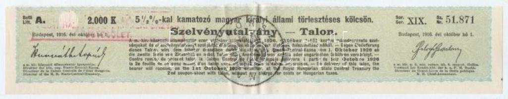 Budapest 1916. "A Magyar Korona Országai 5 1/2%-kal Kamatozó Törlesztéses Kölcsön" 2000K-r...