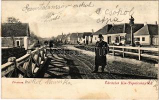 1905 Kistapolcsány, Topolcianky; Fő utca, szobor, kerekes kút, Weisz Márk üzlete. Brunczlik J. kiadása / main street, statue, shop