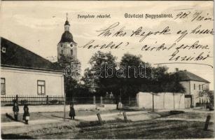 1908 Nagysalló, Tekovské Luzany, Tekovské Sarluhy; templom, utca / church, street