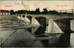 1912 Érsekújvár, Nové Zámky; Nyitra folyó hídja. Vasúti tőzsde kiadása / Nitra river bridge (fl)