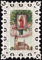 Régi, csipkés szélű litho szentkép, St. Maria Ensiedeln, hátoldalán magyar nyelvű szöveggel, 9,5x6,5 cm