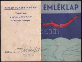 1942 Magyar Úszó Szövetség által rendezett második országos úszóhét emléklapja, Magyarász Imre (1905-1972) festő, grafikus illusztrációival, kissé kopott