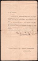 1910 báró Szentkereszty Zsigmond nagyváradi kir. itélőtábla elnökének saját kezű aláírása egy áthelyezési okmányon, fejléces papíron, szakadt, 1910. nov. 26., foltos.