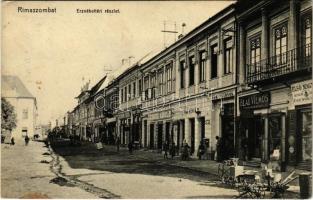 1911 Rimaszombat, Rimavská Sobota; Erzsébet tér, Gömör szálloda, Első magyar biztosító tápintézet ügynöksége, kávéház, sörcsarnok, Engel Adolf, Blau Vilmos, Dickmann Dezső üzlete, dohány és szivar nagyáruda. Lévai Izsó kiadása / square, shops, insurance company, hotel, cafe and beer hall (EK)