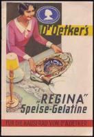 cca 1920-1930 Dr. Oetkers Regina Speise-Gelatine, zselatinnal készíthető ételek receptfüzete, 16 p., német nyelven, jó állapotban
