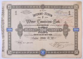 Ausztria / Bécs 1871. Wiener Commisions-Bank részvény 200G-ről, szelvényekkel, felülbélyegzésekkel T:III / Austria / Wien 1871. Wiener Commisions-Bank share about 200 Gulden, with coupons, overprints C:F