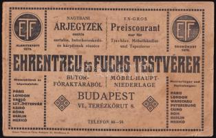 cca 1910 Ehrentreu és Fuchs Testvérek bútornagykereskedése képekkel illusztrált árjegyzéke. Bp., Steiner Vilmos és Társa, 64 p., magyar és német nyelven, foltos, kissé sérült, tűzött papírkötésben