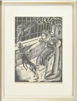 Molnár C. Pál (1894-1981): Kutyasétáltatás. Fametszet, papír, jelzett. Üvegezett fa keretben. 29x24 ...