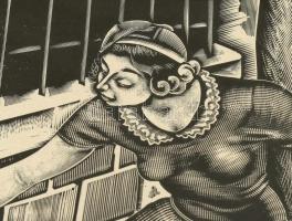 Molnár C. Pál (1894-1981): Kutyasétáltatás. Fametszet, papír, jelzett. Üvegezett fa keretben. 29x24 ...