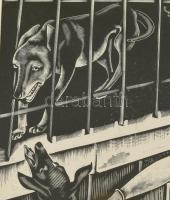 Molnár C. Pál (1894-1981): Kutyasétáltatás. Fametszet, papír, jelzett. Üvegezett fa keretben. 29x24 ...