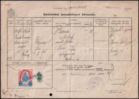 1942 Nagyvárad születési anyakönyvi kivonat, 2P városi illetékbélyeggel / Overprinted local document stamp