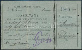 1889 Szamosvölgyi vasút igazolvány félárú jegyre. Hátoldalán 10kr pótjeggyel / Local railways identification with surcharge stamp